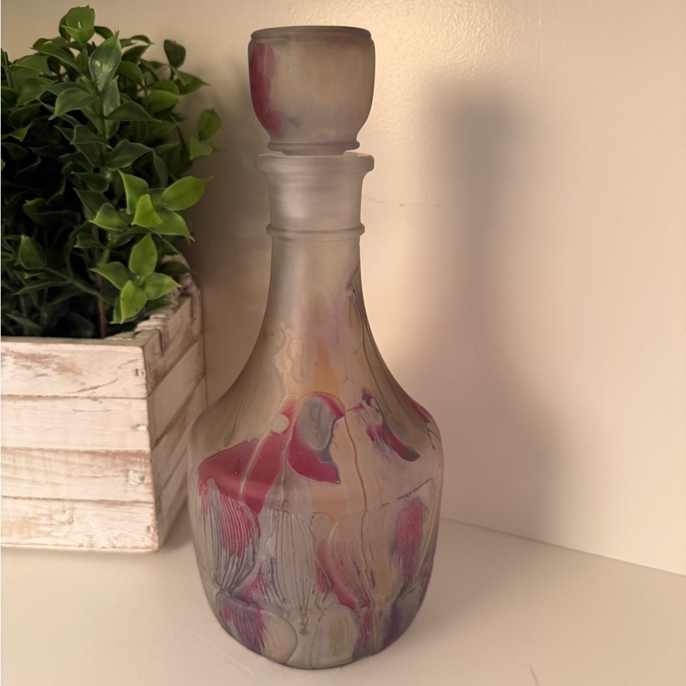 Nouveau Art Glass Wine Decanter Multi-Color Hand Painted Abstract Design France